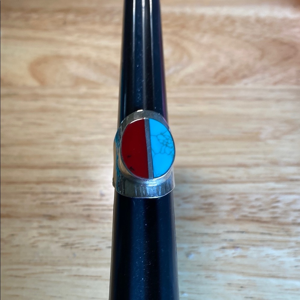 Red Coral and Turquoise Inlay Silver Ring 925